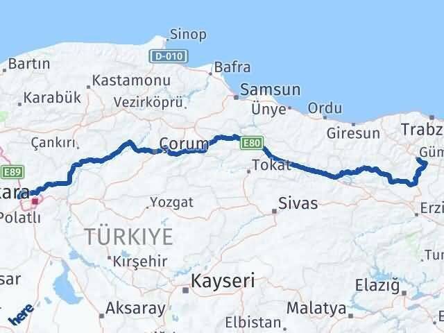 Gümüşhane Sincan Ankara Arası Kaç Km - Yol Haritası