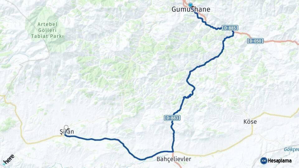 Gümüşhane Şiran Arası Kaç Km - Yol Haritası