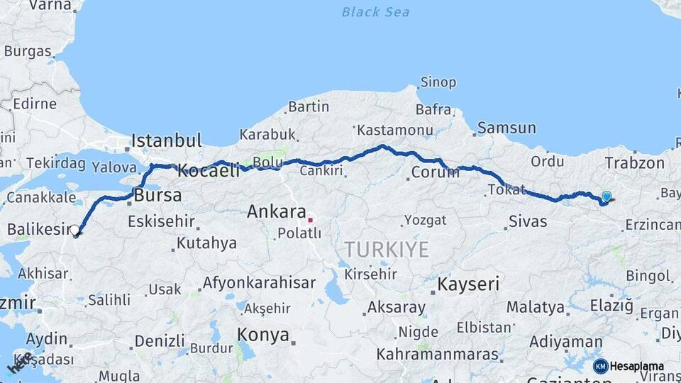 Gümüşhane Şiran Balıkesir Arası Kaç Km - Yol Haritası