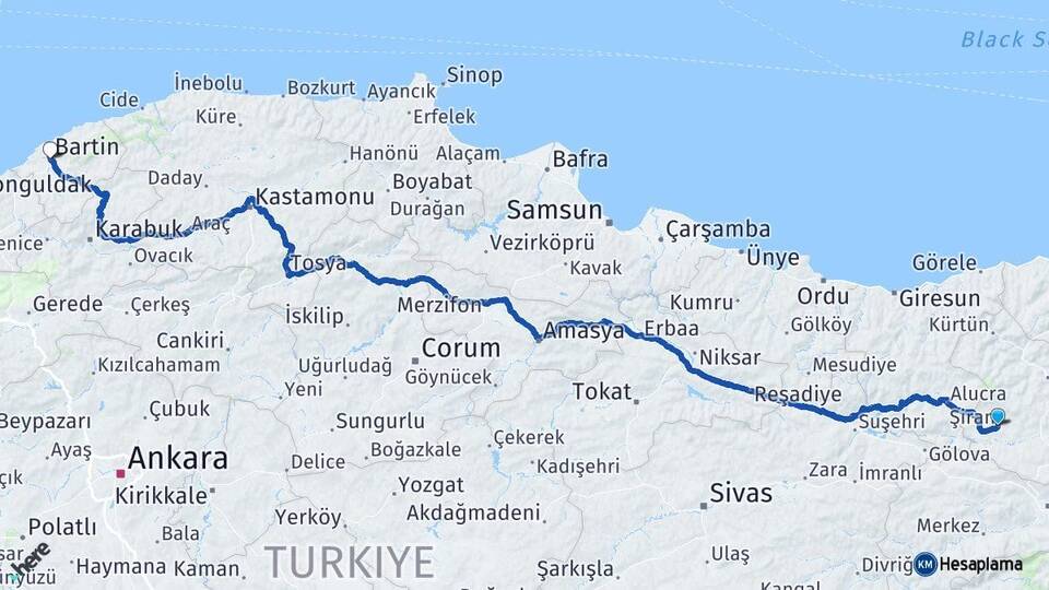 Gümüşhane Şiran Bartın Arası Kaç Km - Yol Haritası