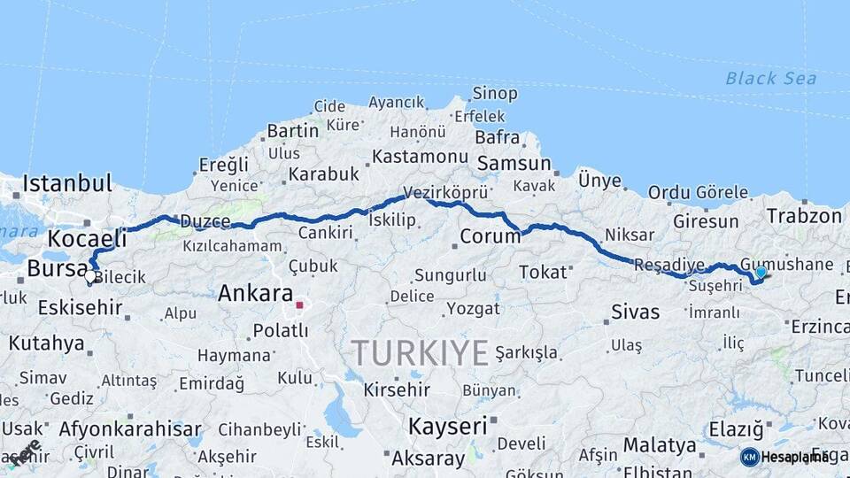 Gümüşhane Şiran Bilecik Arası Kaç Km - Yol Haritası