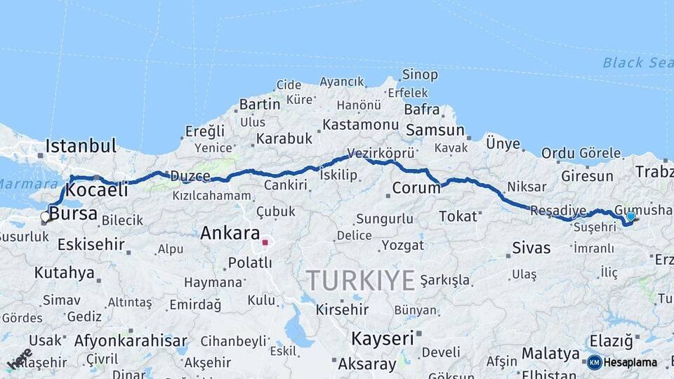 Şiran Bursa Arası Kaç Km - Yol Tarifi
