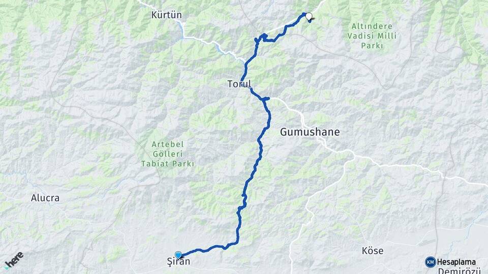 Gümüşhane Şiran Hamsiköy Maçka Trabzon Arası Kaç Km - Yol Haritası