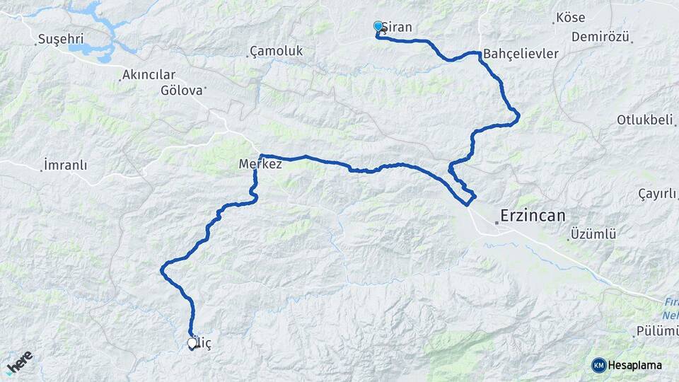 Gümüşhane Şiran İliç Erzincan Arası Kaç Km - Yol Haritası