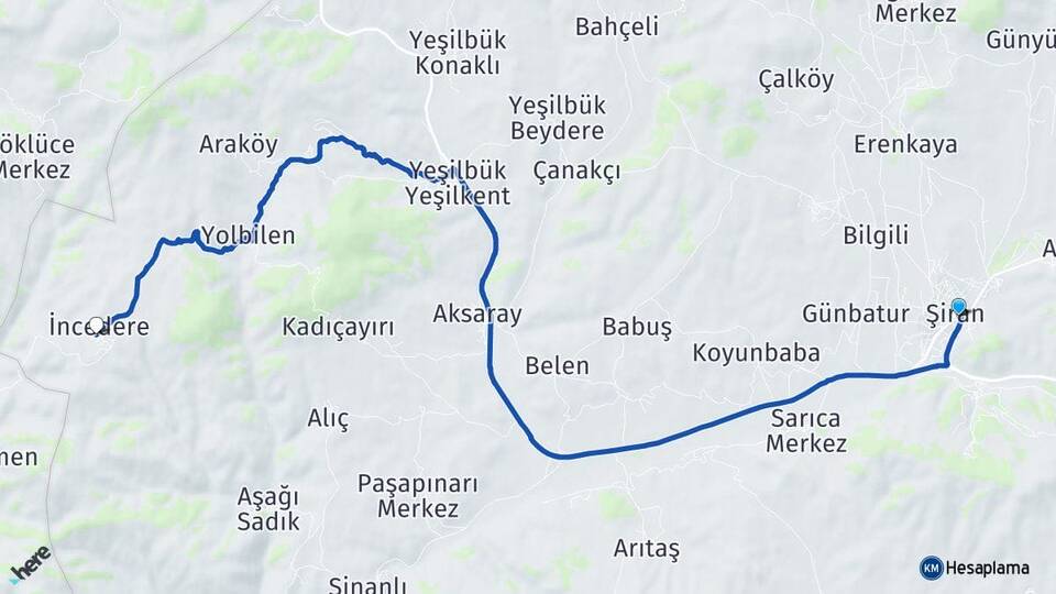 Gümüşhane Şiran İncedere Şiran Arası Kaç Km - Yol Haritası