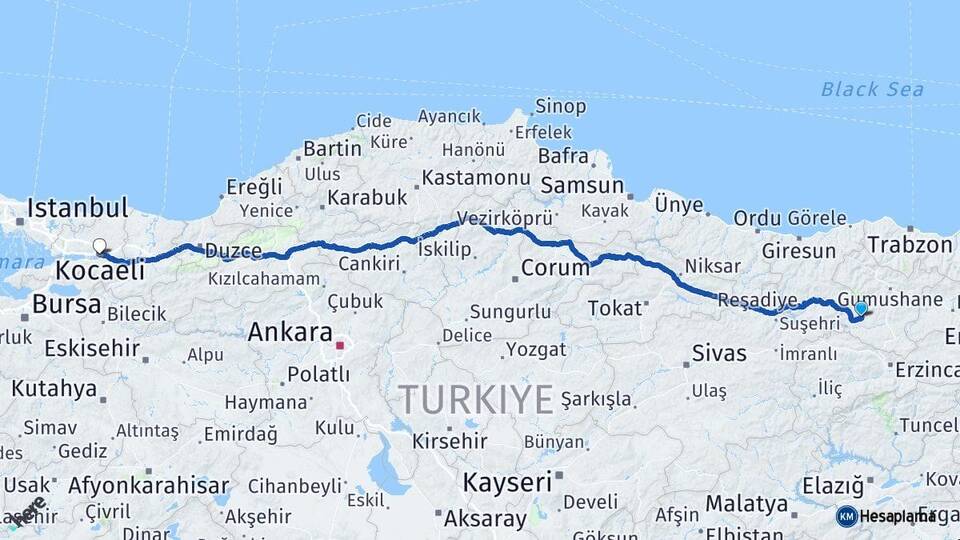 Gümüşhane Şiran İzmit Kocaeli Arası Kaç Km - Yol Haritası