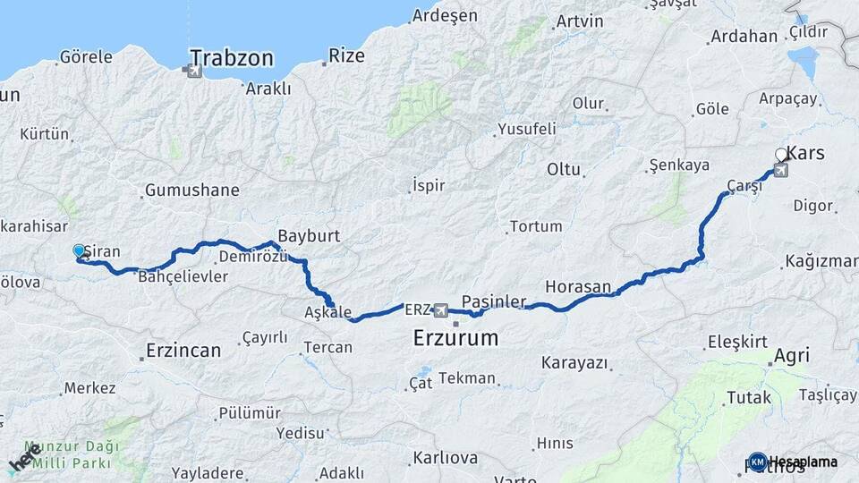 Gümüşhane Şiran Kars Arası Kaç Km - Yol Haritası