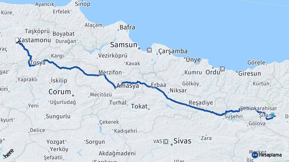 Gümüşhane Şiran Kastamonu Arası Kaç Km - Yol Haritası
