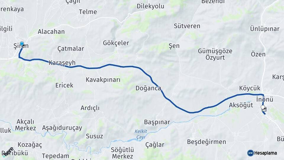 Gümüşhane Şiran Kelkit Arası Kaç Km - Yol Haritası