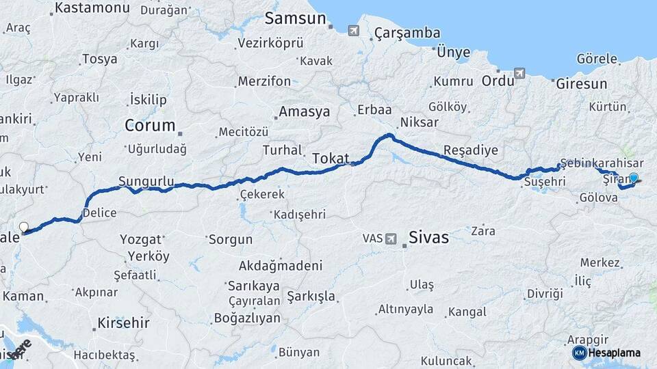 Gümüşhane Şiran Kırıkkale Arası Kaç Km - Yol Haritası