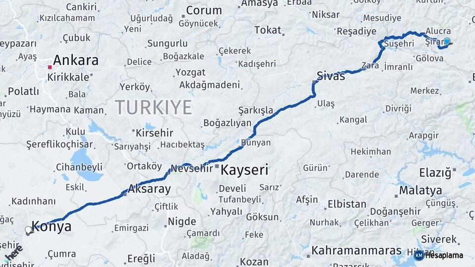Gümüşhane Şiran Konya Arası Kaç Km - Yol Haritası