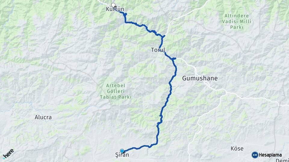 Gümüşhane Şiran Kürtün Arası Kaç Km - Yol Haritası