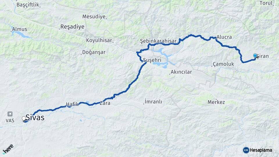 Gümüşhane Şiran Sivas Arası Kaç Km - Yol Haritası