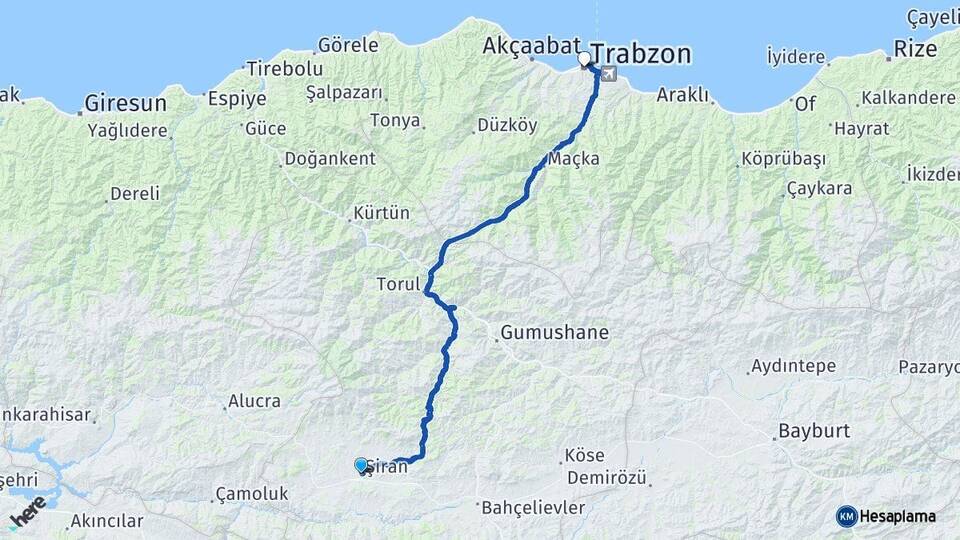Gümüşhane Şiran Trabzon Arası Kaç Km - Yol Haritası