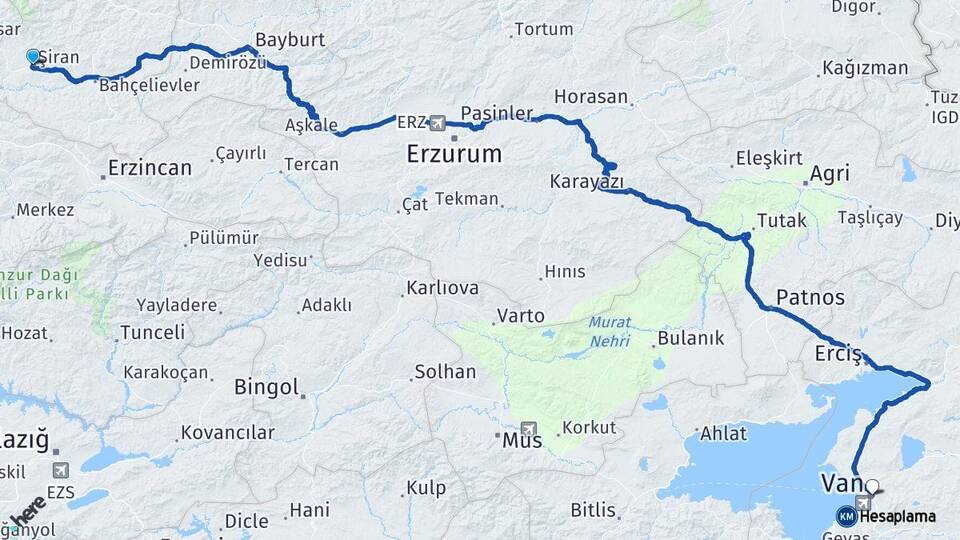 Gümüşhane Şiran Van Arası Kaç Km - Yol Haritası
