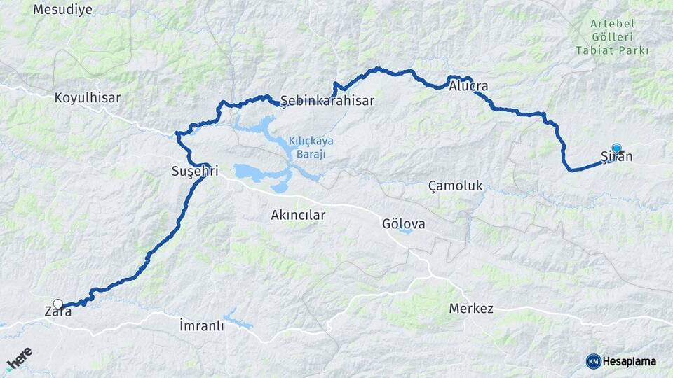 Gümüşhane Şiran Zara Sivas Arası Kaç Km - Yol Haritası