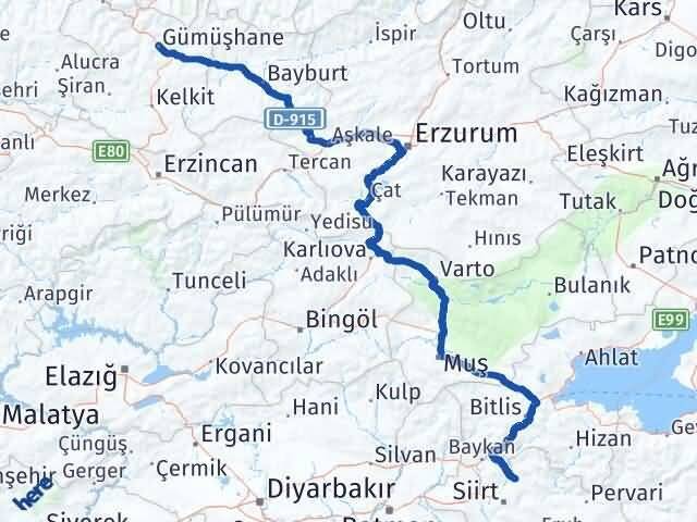 Gümüşhane Şirvan Siirt Arası Kaç Km - Yol Haritası