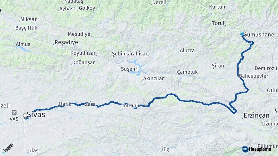 Gümüşhane Sivas Arası Kaç Km - Yol Haritası