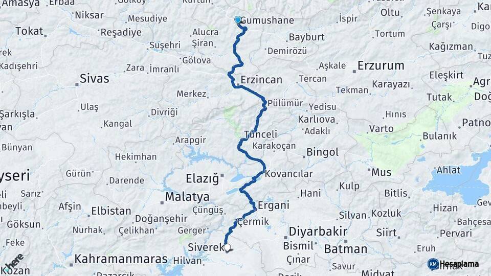 Gümüşhane Siverek Şanlıurfa Arası Kaç Km - Yol Haritası