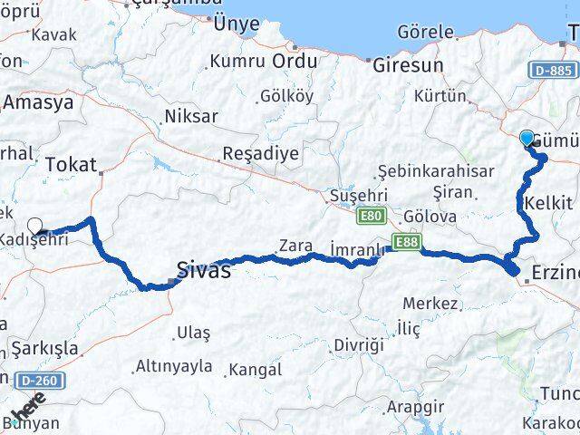Gümüşhane Sulusaray Tokat Arası Kaç Km - Yol Haritası