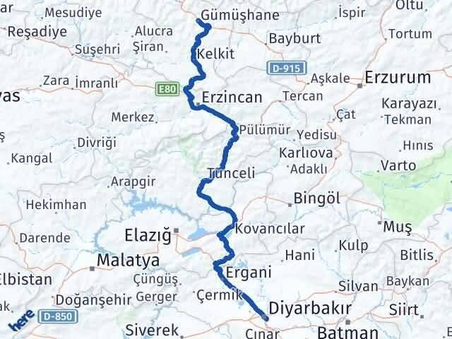 Gümüşhane Sur Diyarbakır Arası Kaç Km - Yol Haritası
