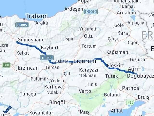 Gümüşhane Taşlıçay Ağrı Arası Kaç Km - Yol Haritası
