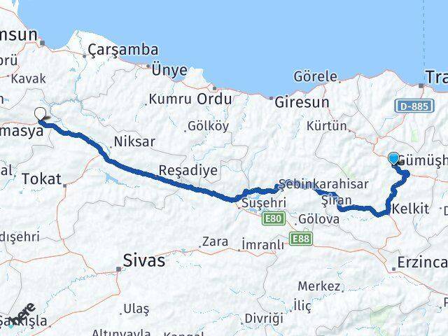 Gümüşhane Taşova Amasya Arası Kaç Km - Yol Haritası