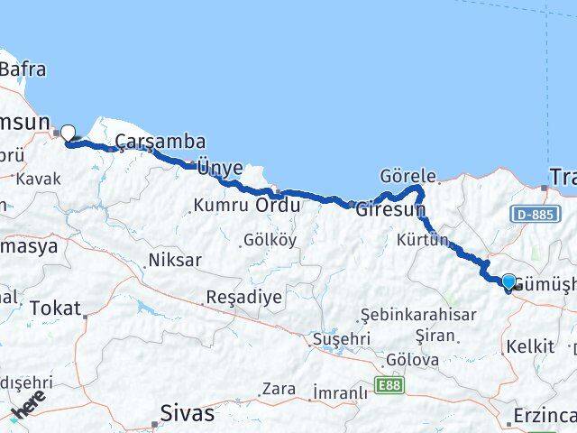 Gümüşhane Tekkeköy Samsun Arası Kaç Km - Yol Haritası