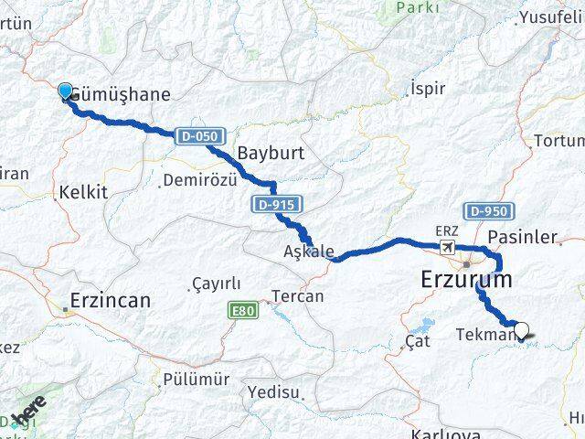 Gümüşhane Tekman Arası Kaç Km - Yol Tarifi