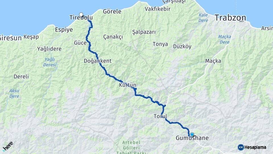 Gümüşhane Tirebolu Giresun Arası Kaç Km - Yol Haritası