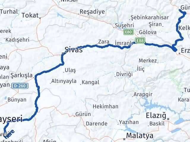 Gümüşhane Tomarza Kayseri Arası Kaç Km - Yol Haritası