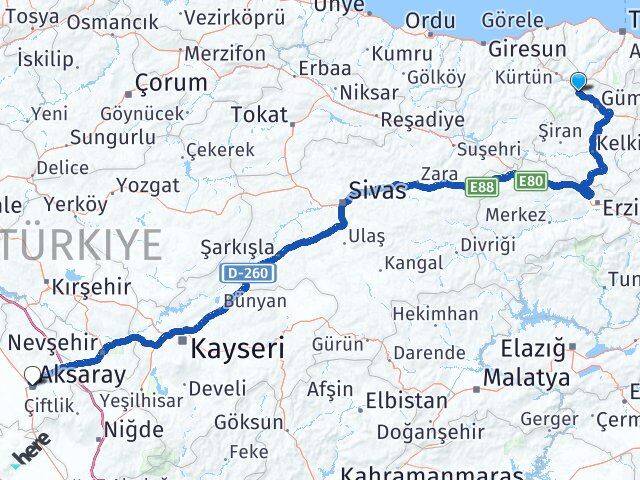 Gümüşhane Torul Aksaray Arası Kaç Km - Yol Haritası