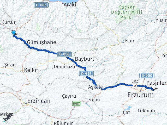 Gümüşhane Torul Ali Bezirgan Palandöken Erzurum Arası Kaç Km - Yol Haritası