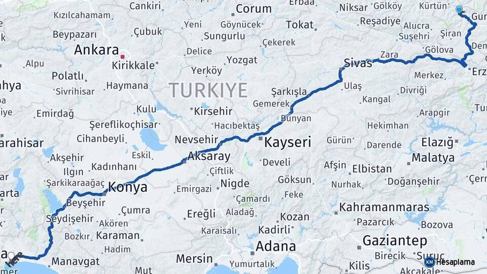 Torul Antalya Arası Kaç Km - Yol Tarifi