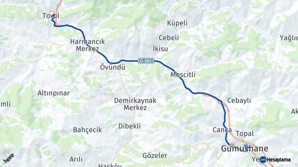 Gümüşhane Torul Arası Kaç Km - Yol Haritası