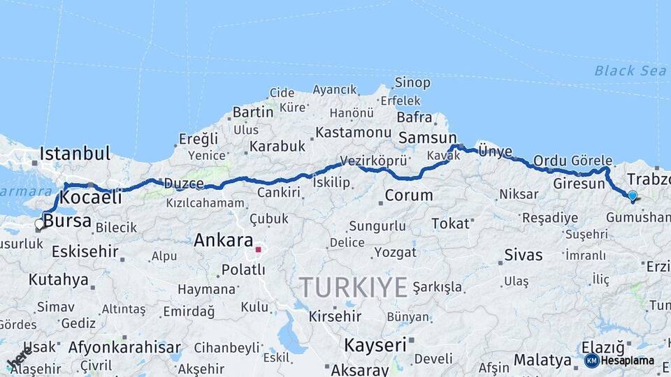 Gümüşhane Torul Bursa Arası Kaç Km - Yol Haritası