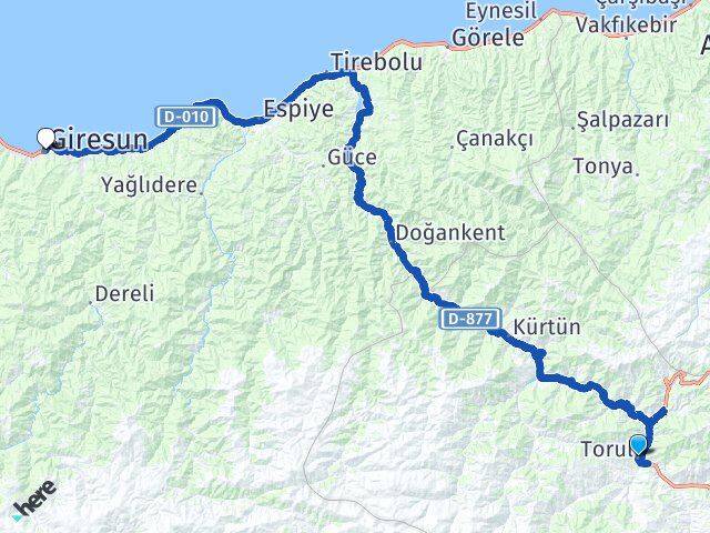 Gümüşhane Torul Giresun Arası Kaç Km - Yol Haritası