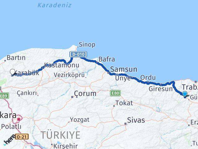 Gümüşhane Torul Karabük Arası Kaç Km - Yol Haritası