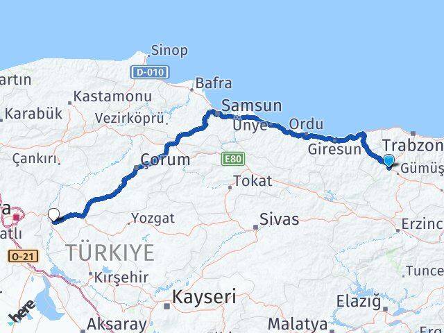Gümüşhane Torul Kırıkkale Arası Kaç Km - Yol Haritası