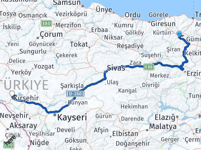 Gümüşhane Torul Kırşehir Arası Kaç Km - Yol Haritası