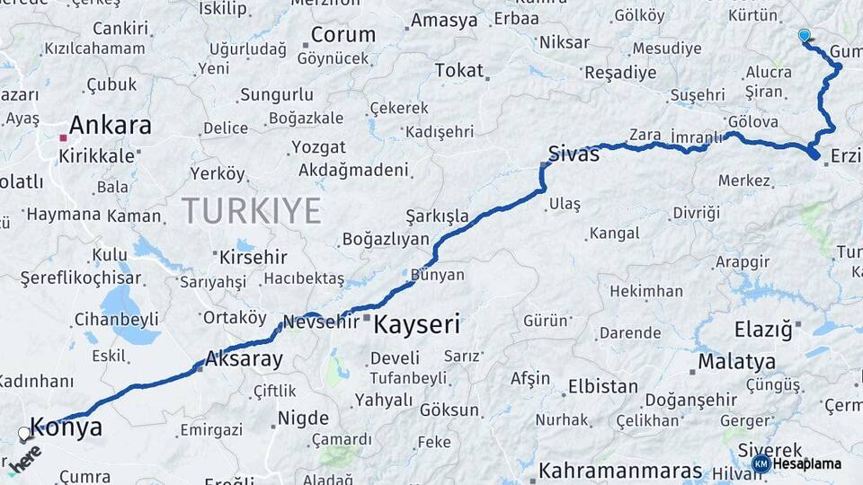 Gümüşhane Torul Konya Arası Kaç Km - Yol Haritası