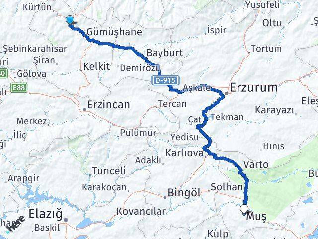 Gümüşhane Torul Muş Arası Kaç Km - Yol Haritası
