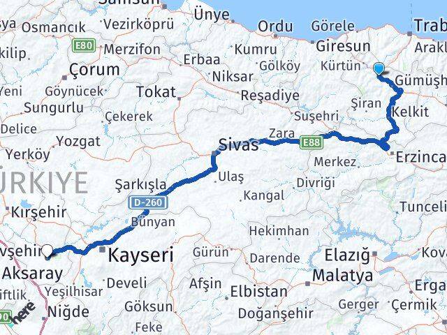 Gümüşhane Torul Nevşehir Arası Kaç Km - Yol Haritası