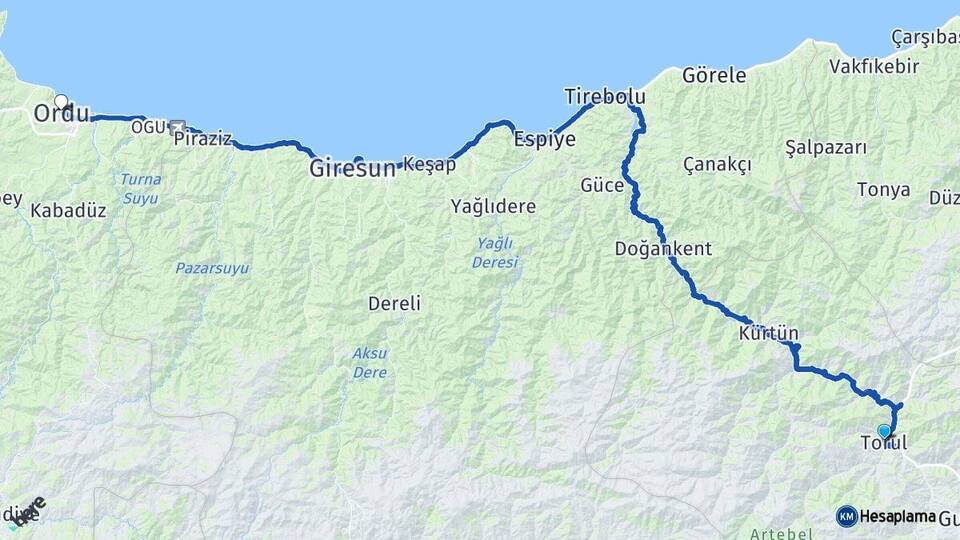 Gümüşhane Torul Ordu Arası Kaç Km - Yol Haritası