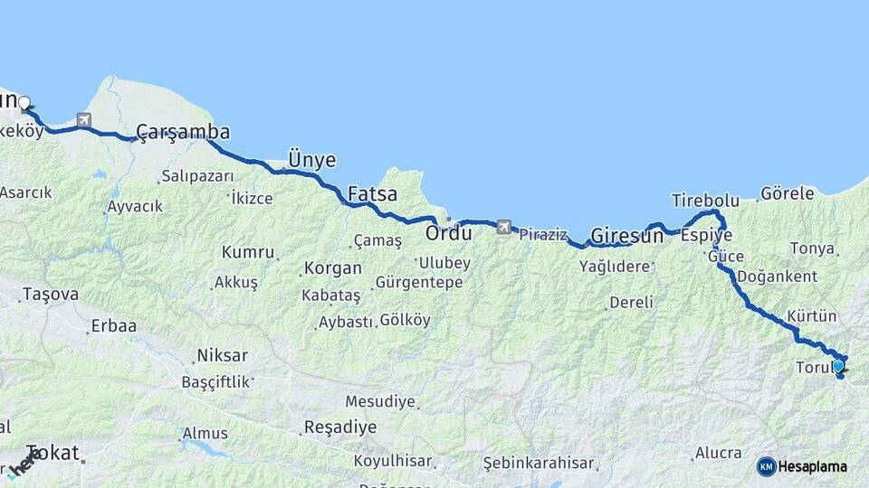 Gümüşhane Torul Samsun Arası Kaç Km - Yol Haritası