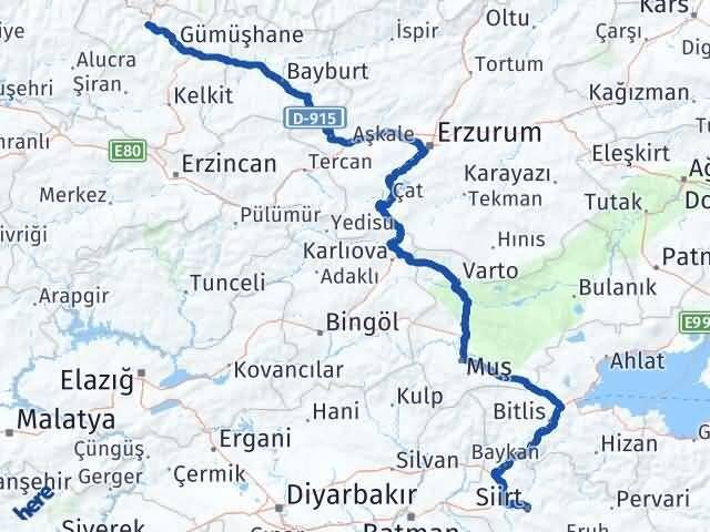 Gümüşhane Torul Siirt Arası Kaç Km - Yol Haritası