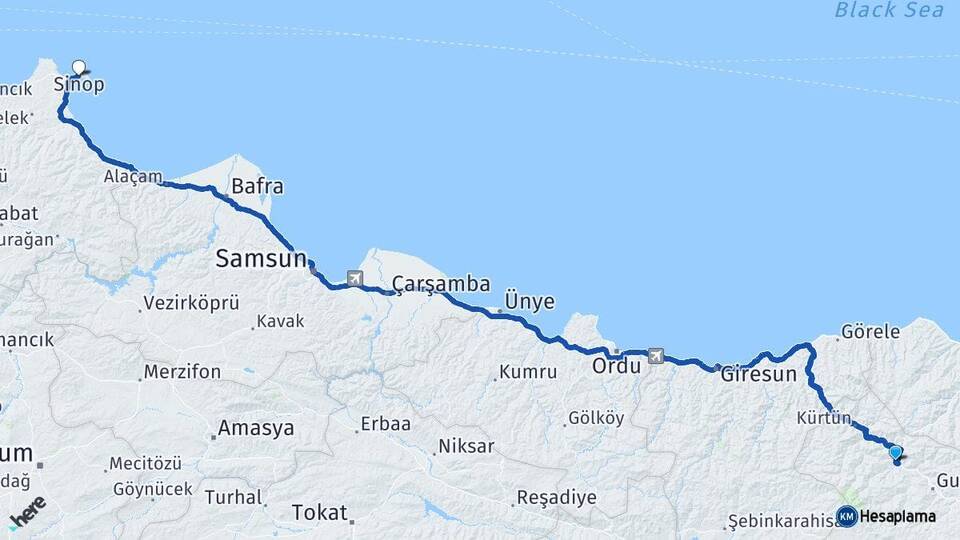 Gümüşhane Torul Sinop Arası Kaç Km - Yol Haritası