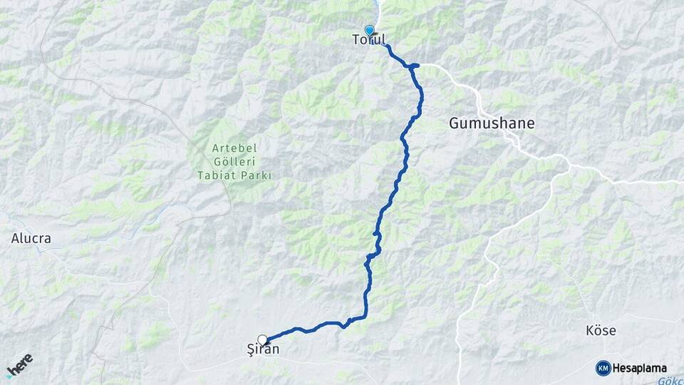 Gümüşhane Torul Şiran Arası Kaç Km - Yol Haritası