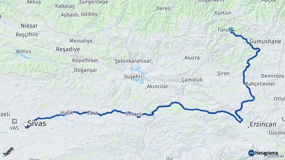Gümüşhane Torul Sivas Arası Kaç Km - Yol Haritası