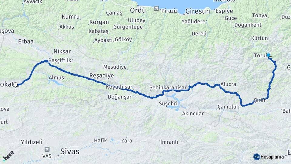 Gümüşhane Torul Tokat Arası Kaç Km - Yol Haritası